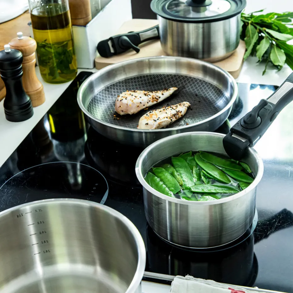 Fashion Pradel France Lot de 3 casseroles inox + 1 manche amovible