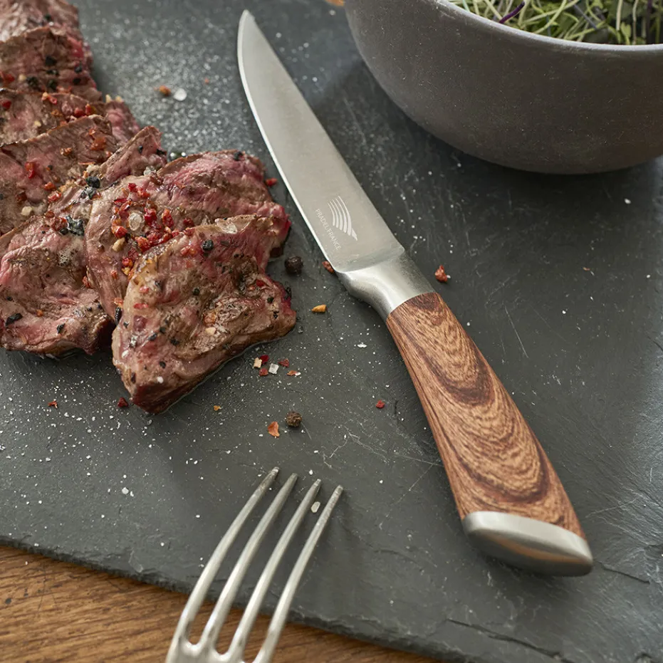 Hot Pradel France Lot de 4 couteaux à steak tout inox effet bois