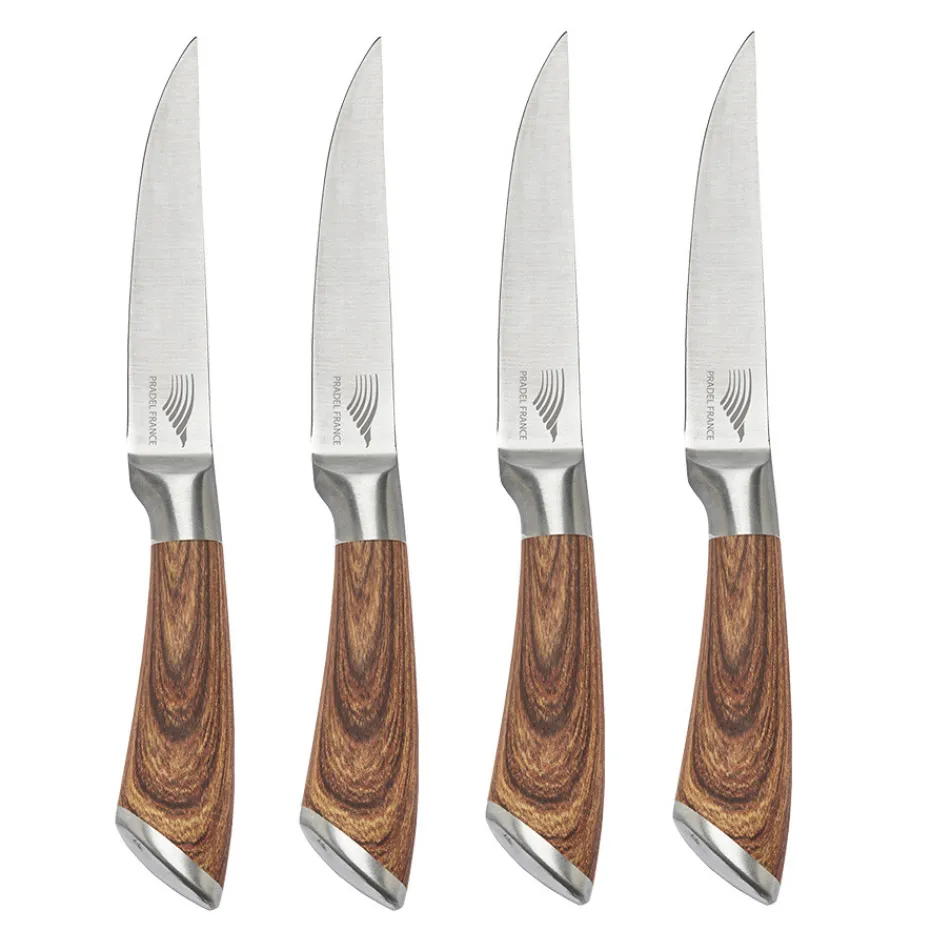 Hot Pradel France Lot de 4 couteaux à steak tout inox effet bois