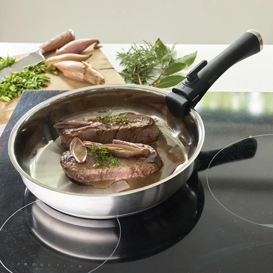 Fashion Pradel France Lot de 3 poêles tout inox + 1 manche amovible