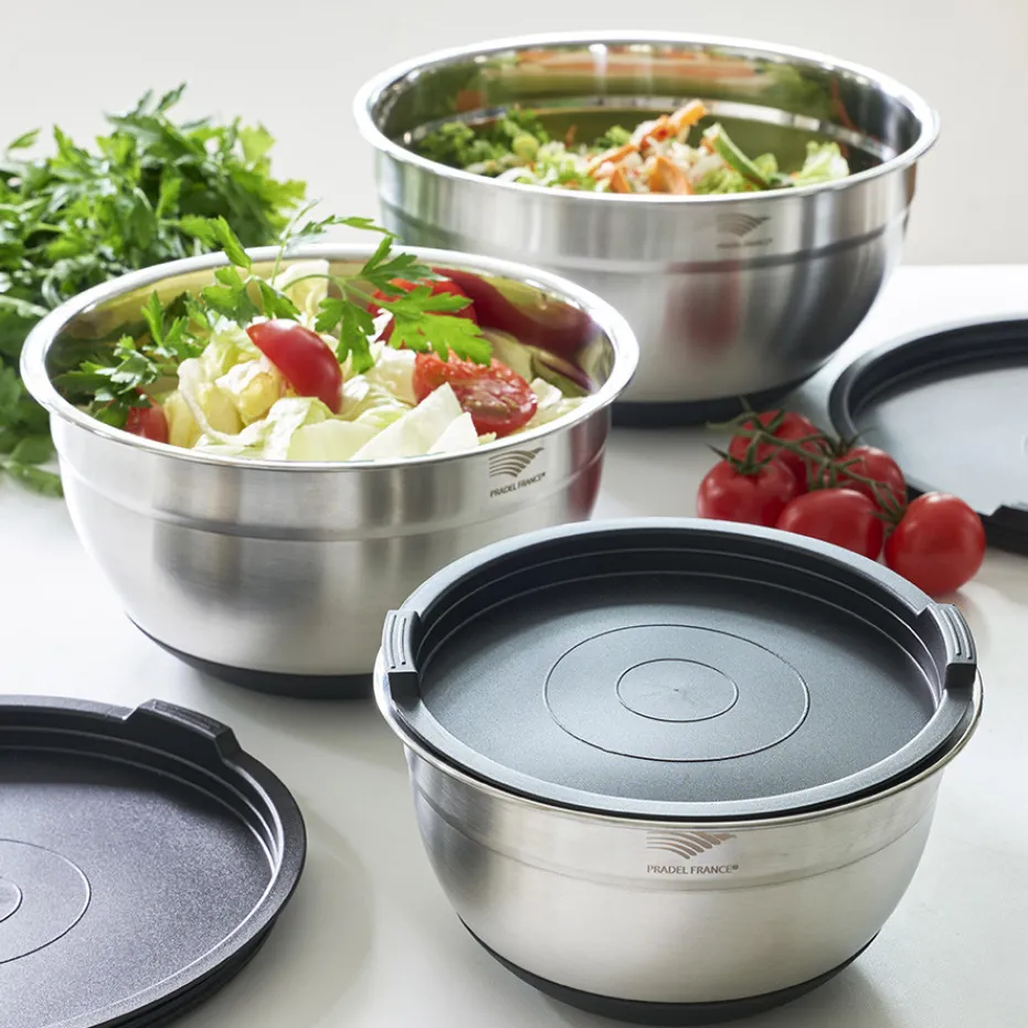Hot Pradel France Lot de 3 saladiers inox avec couvercles